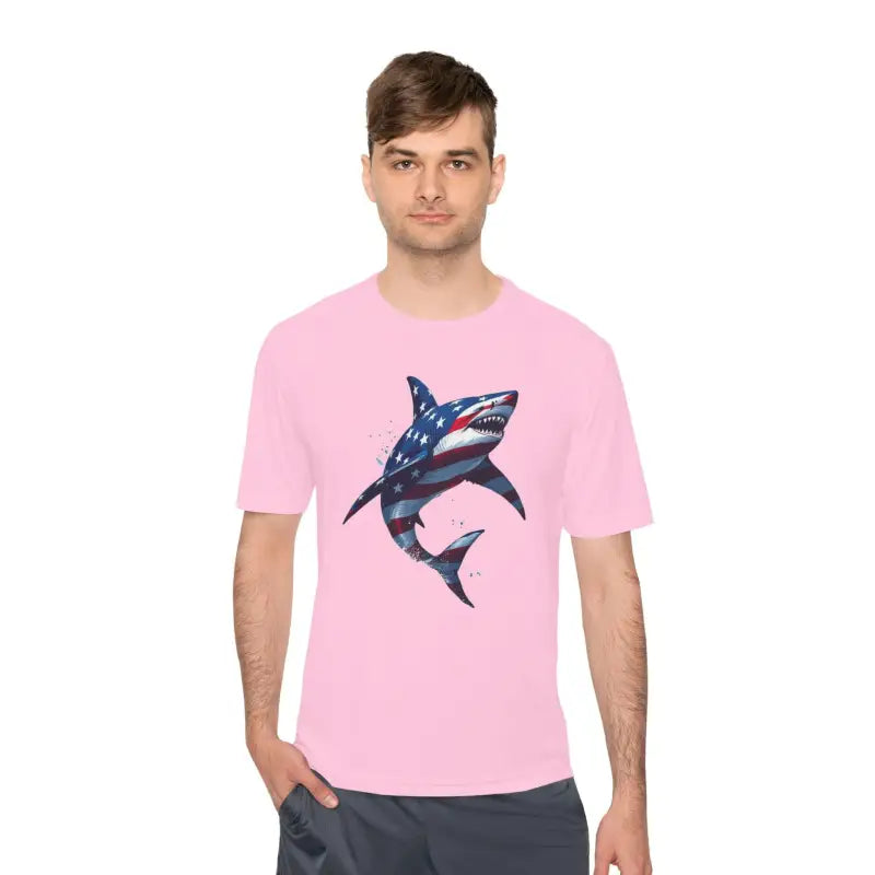 Pink American Flag Shark Graphic Unisex Moisture Wicking T-Shirt for casual wear