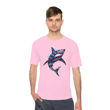 Pink American Flag Shark Graphic Unisex Moisture Wicking T-Shirt for casual wear