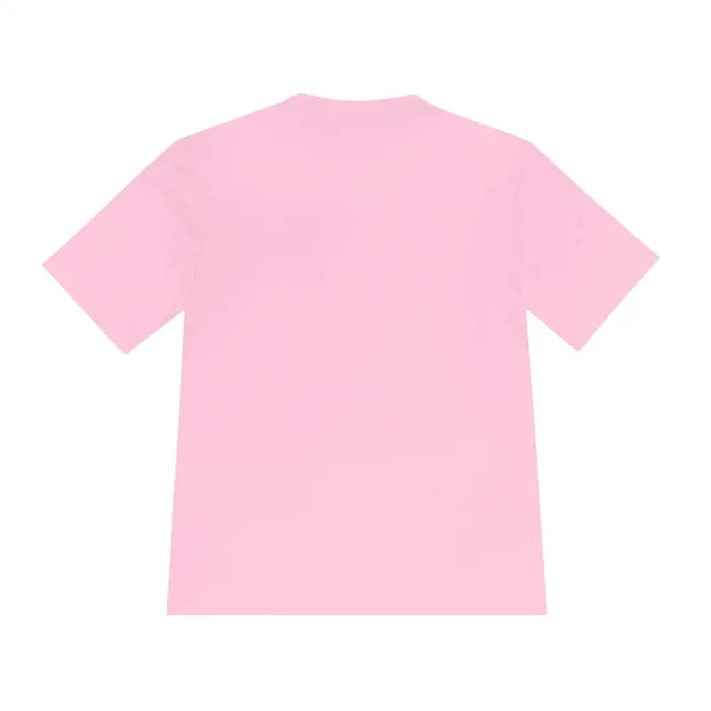 Pink short-sleeved t-shirt featuring American Flag Shark graphic for unisex wear