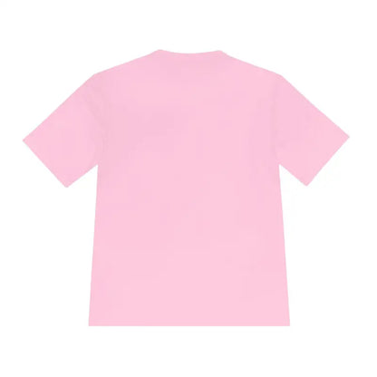 Pink short-sleeved t-shirt featuring American Flag Shark graphic for unisex wear