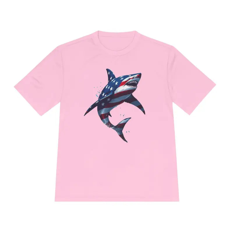 Pink American Flag Shark Graphic Unisex Moisture Wicking T-Shirt for casual wear