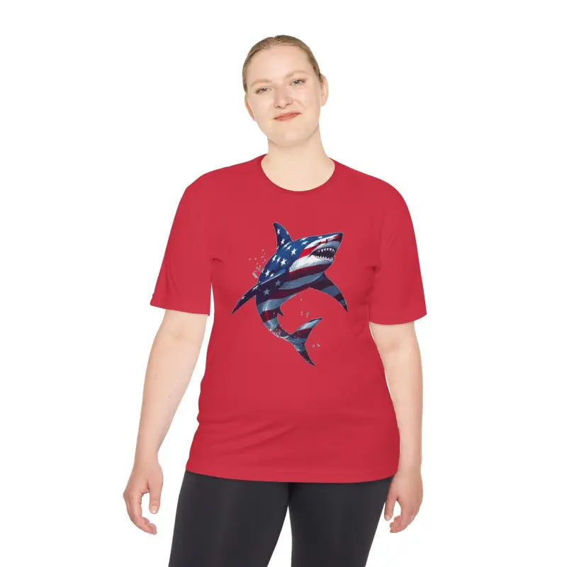Red American Flag Shark Graphic Unisex Moisture Wicking T-Shirt for patriotic style