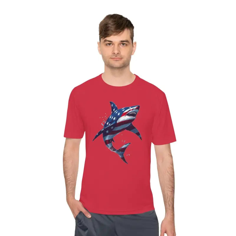 Red American Flag Shark Graphic Unisex Moisture Wicking T-Shirt for patriotic style