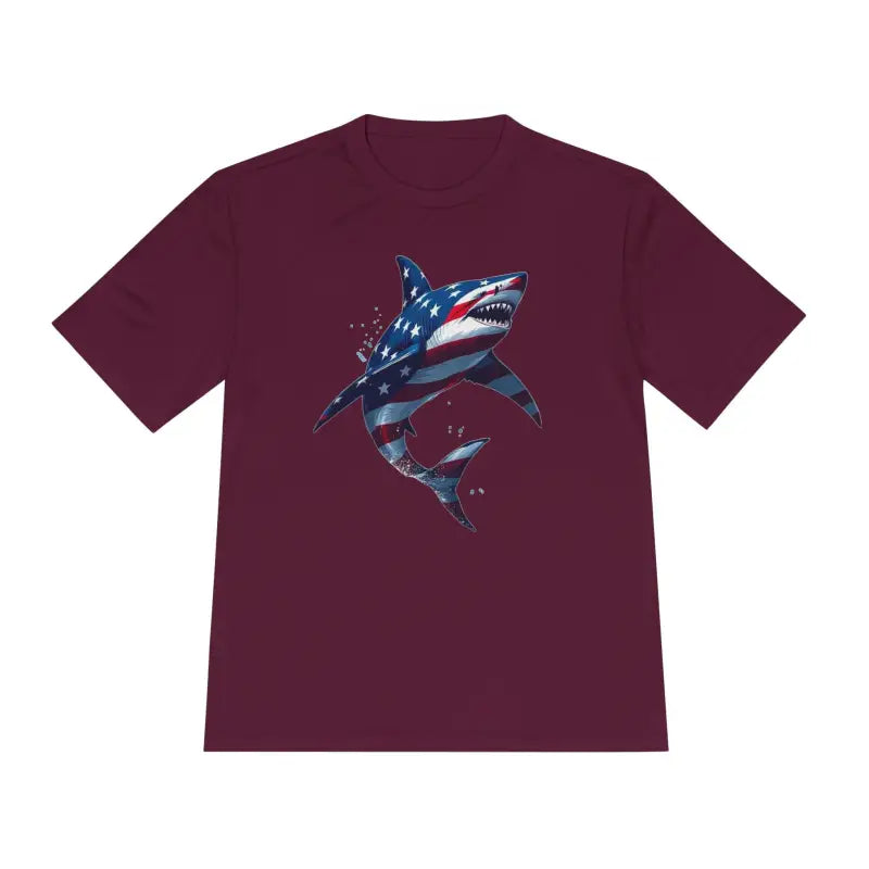 Maroon American Flag Shark Graphic Unisex Moisture Wicking T-Shirt for casual wear