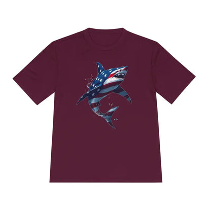 Maroon American Flag Shark Graphic Unisex Moisture Wicking T-Shirt for casual wear