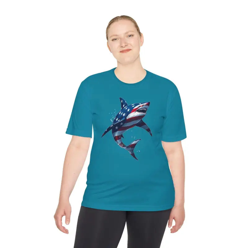 Teal American Flag Shark Graphic Unisex Moisture Wicking T-Shirt for outdoor enthusiasts