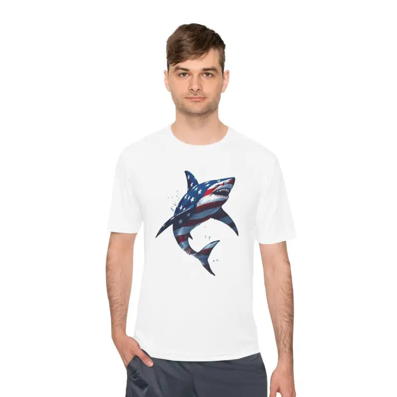 White moisture-wicking t-shirt featuring American flag shark graphic for unisex wear