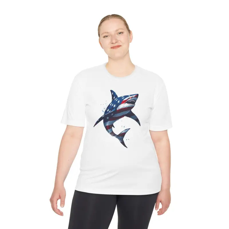 White t-shirt featuring American flag shark design, ideal for casual and active wear