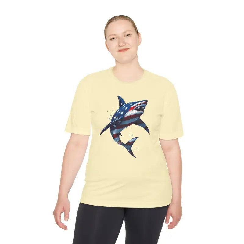 Woman modeling American Flag Shark Graphic Unisex Moisture Wicking T-Shirt