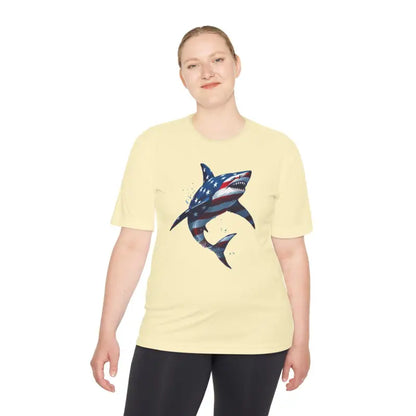 Woman modeling American Flag Shark Graphic Unisex Moisture Wicking T-Shirt