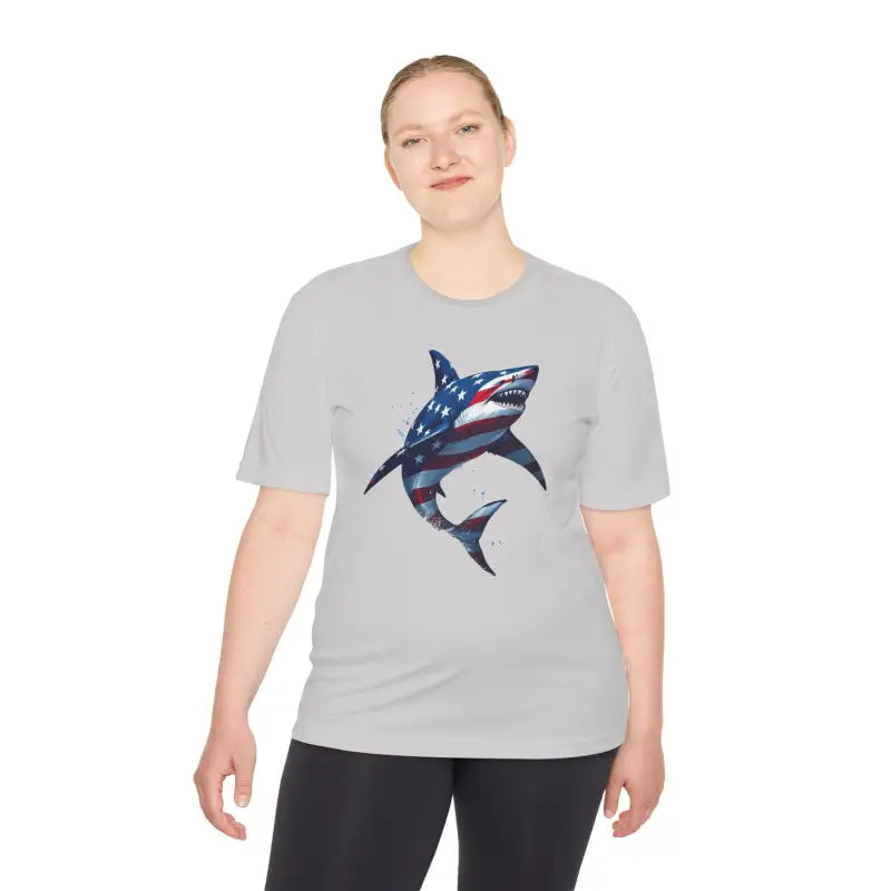 Woman in gray t-shirt featuring American flag shark design, ideal for casual wear