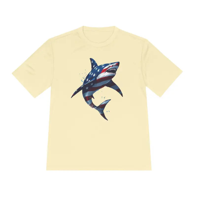 Beige American Flag Shark Graphic Unisex Moisture Wicking T-Shirt displayed on white background