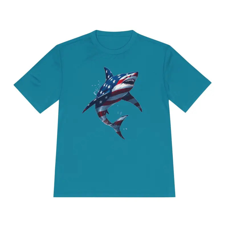 Teal unisex moisture-wicking t-shirt featuring an American flag shark graphic