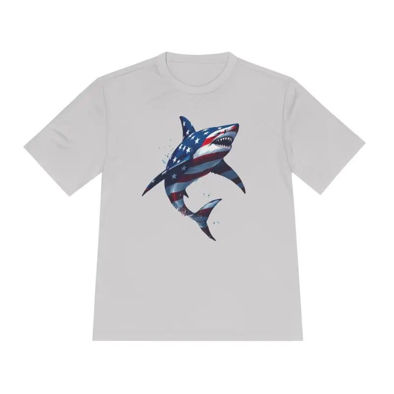 Gray moisture-wicking t-shirt featuring an American flag shark graphic design