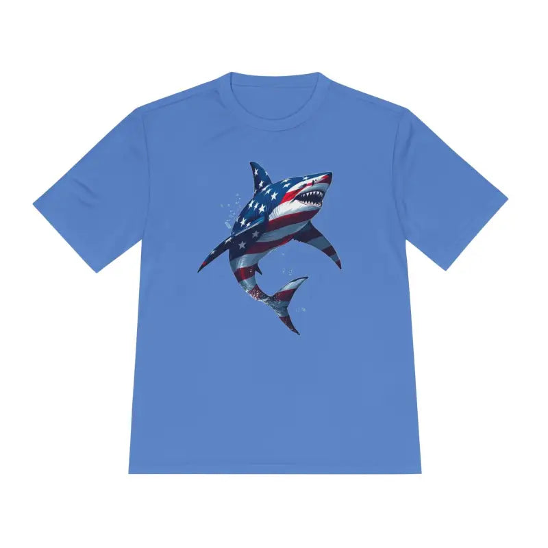 Blue t-shirt featuring an American flag shark design for unisex moisture-wicking wear