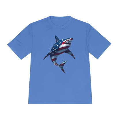 Blue t-shirt featuring an American flag shark design for unisex moisture-wicking wear