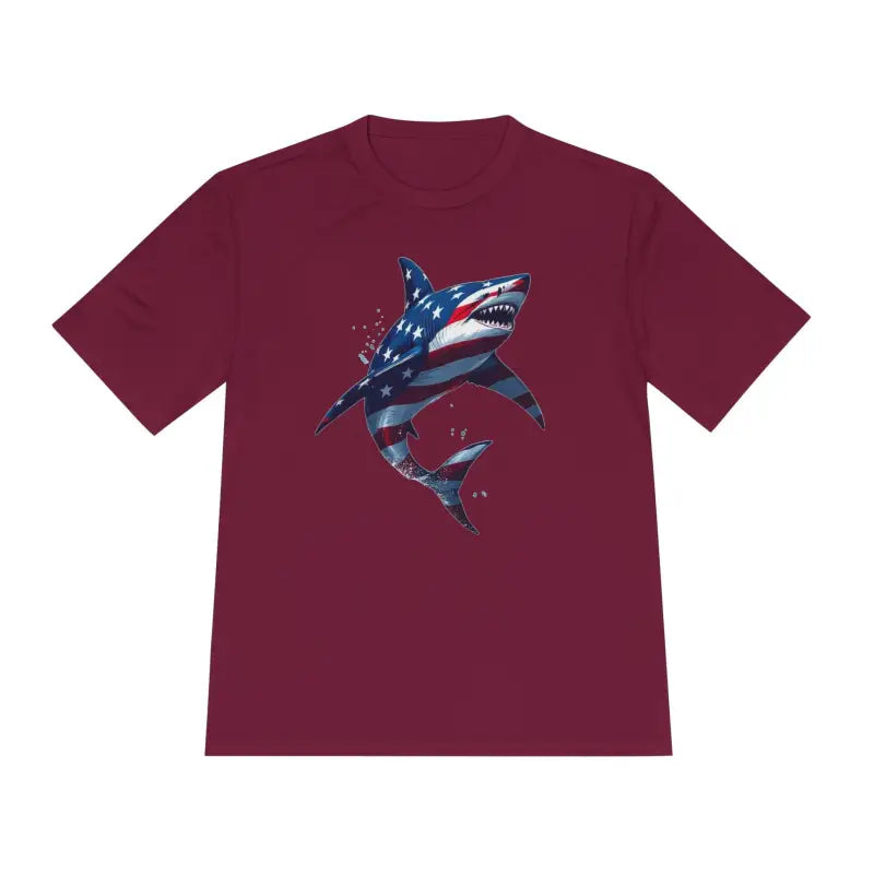 Maroon t-shirt featuring a shark design from American Flag Shark Graphic collection