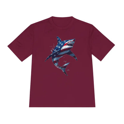 Maroon t-shirt featuring a shark design from American Flag Shark Graphic collection