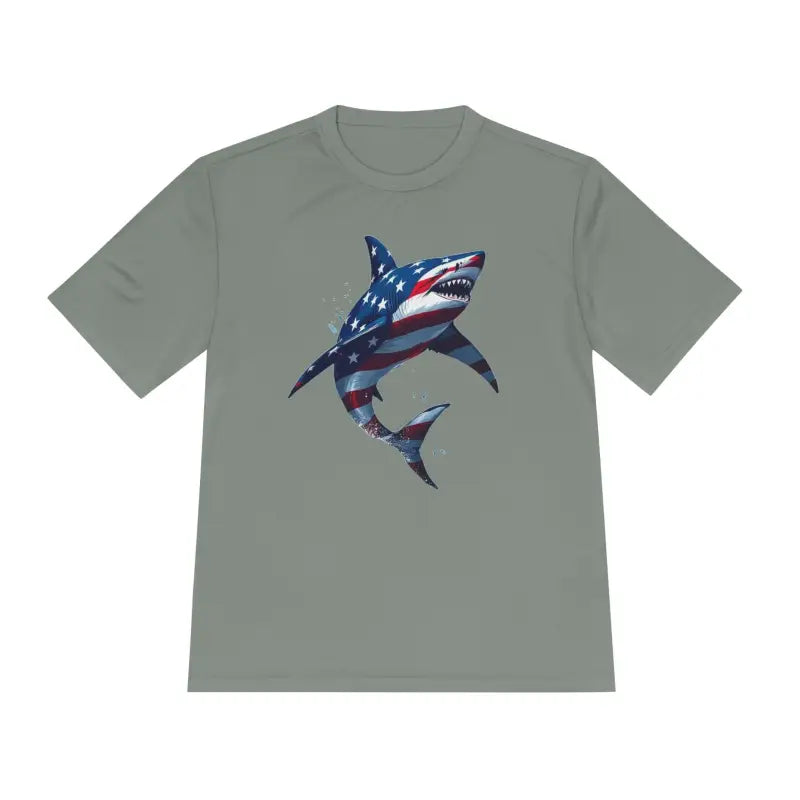 Gray unisex moisture-wicking t-shirt featuring American flag shark graphic design