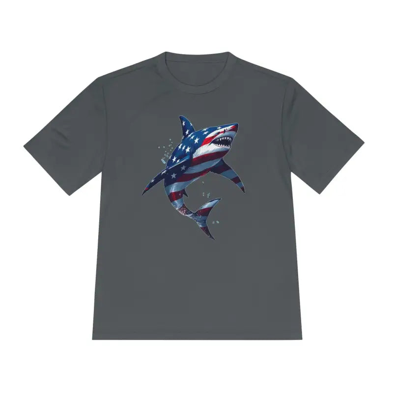 Gray moisture-wicking unisex t-shirt featuring American flag shark graphic design