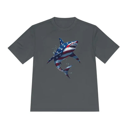 Gray moisture-wicking unisex t-shirt featuring American flag shark graphic design