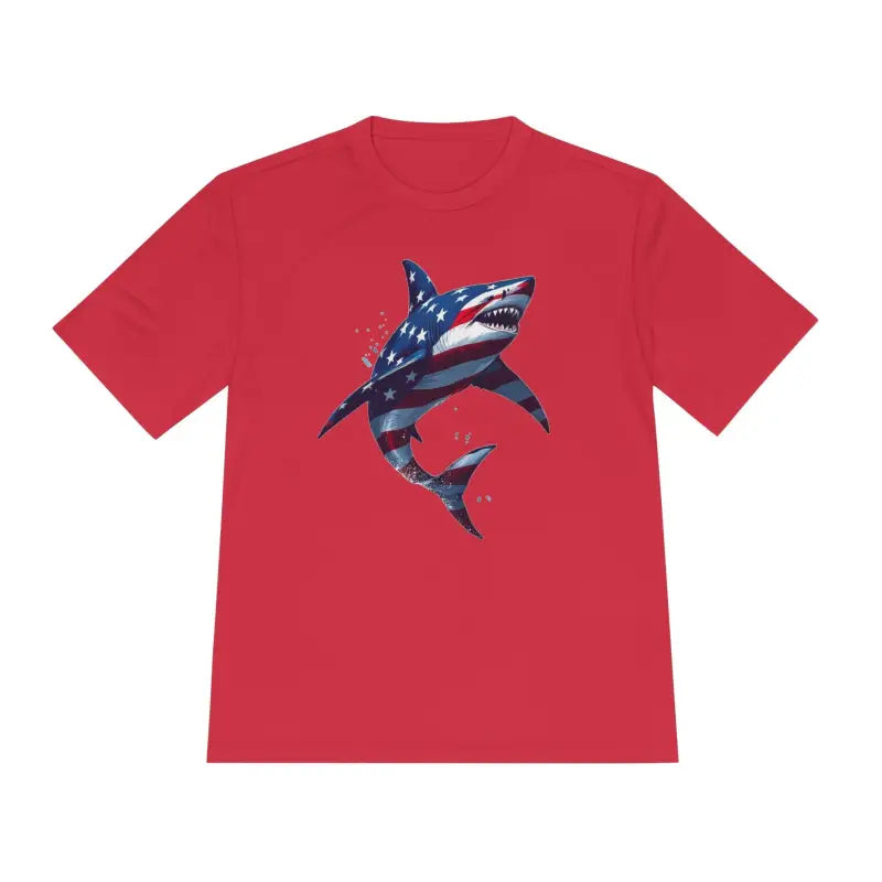 Red t-shirt featuring American flag shark design for unisex moisture-wicking wear