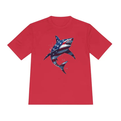Red t-shirt featuring American flag shark design for unisex moisture-wicking wear