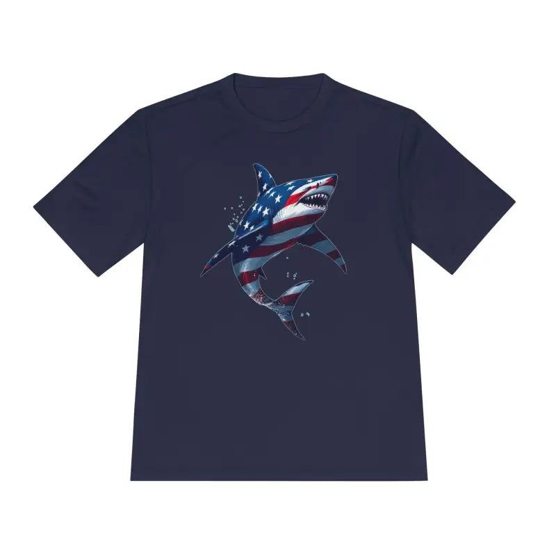 Navy blue unisex moisture wicking t-shirt with American flag shark graphic design