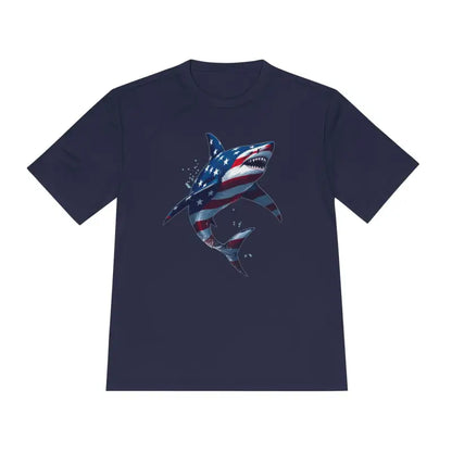 Navy blue unisex moisture wicking t-shirt with American flag shark graphic design