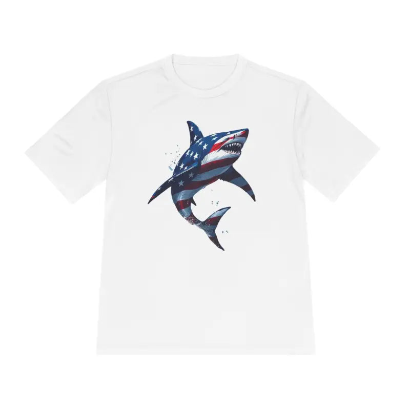White T-shirt featuring American flag shark design, perfect for casual wear