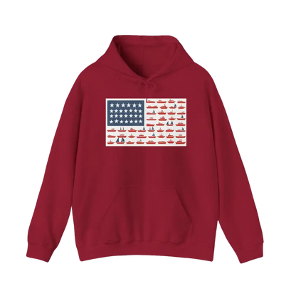 Maroon hoodie featuring American flag design from the American Ship Flag Hooded Sweatshirt