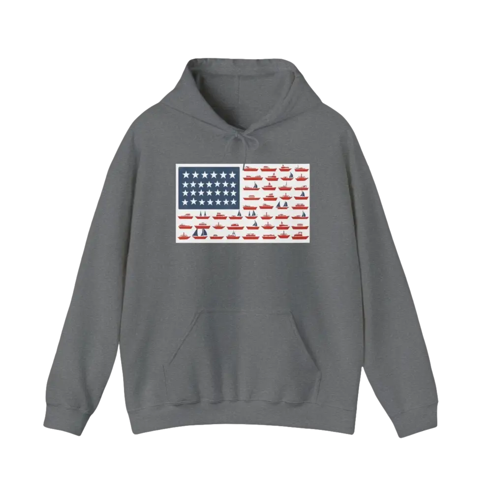 Gray hoodie featuring a boat-themed American flag design for casual wear