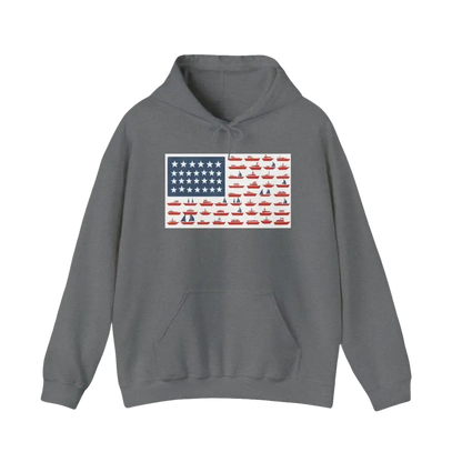 Gray hoodie featuring a boat-themed American flag design for casual wear