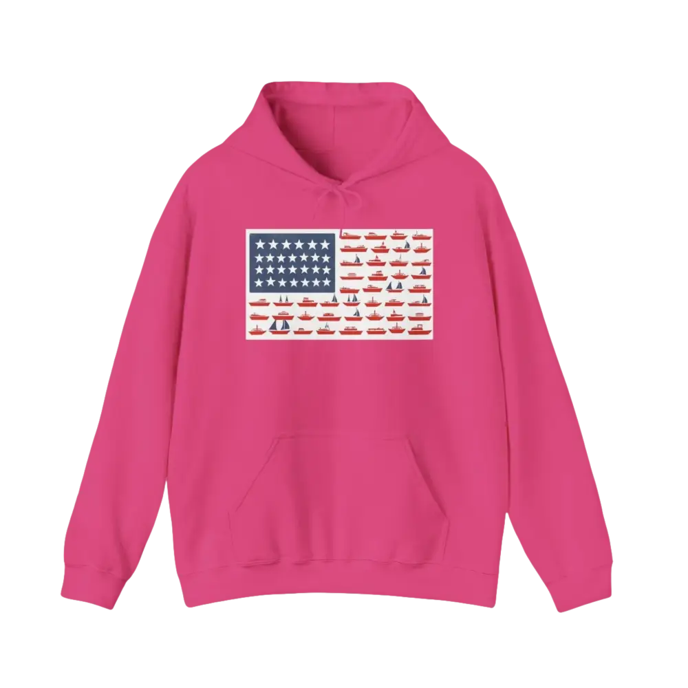 Pink hoodie featuring an American flag boat design for the American Ship Flag Hooded Sweatshirt