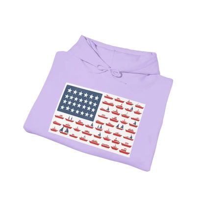 Folded lavender hoodie featuring boat-themed American flag design, ideal for casual wear