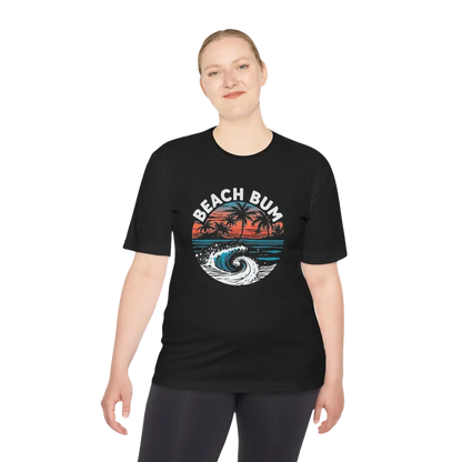 Black Beach Bum Unisex Moisture Wicking Tee featuring a vibrant beach scene graphic