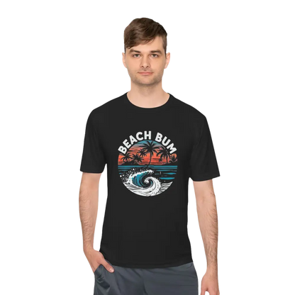Black Beach Bum Unisex Moisture Wicking Tee featuring a vibrant beach bum graphic