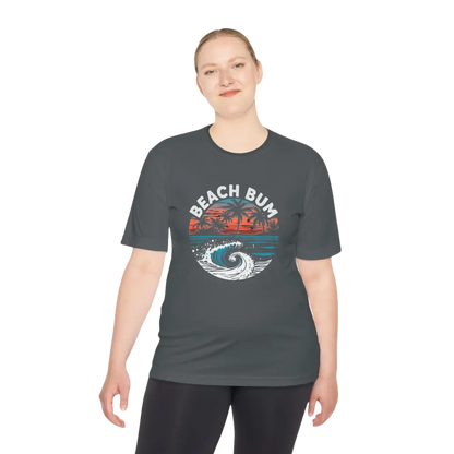 Gray Beach Bum Unisex Moisture Wicking Tee featuring a stylish beach bum graphic