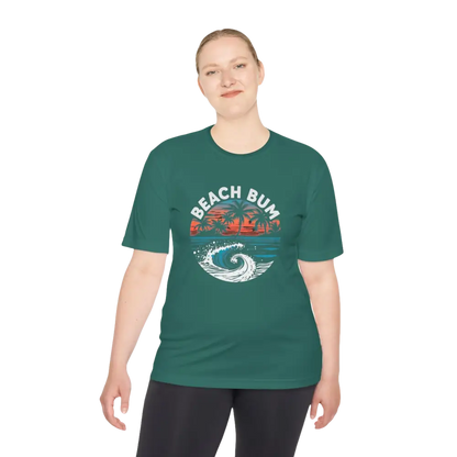 Green Beach Bum Unisex Moisture Wicking Tee featuring a stylish beach bum design