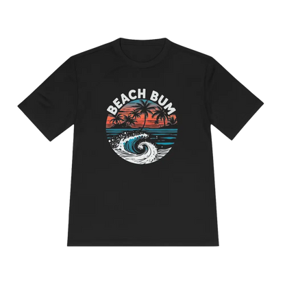Black Beach Bum Unisex Moisture Wicking Tee featuring a vibrant beach graphic