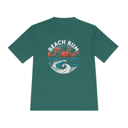 Green Beach Bum Unisex Moisture Wicking Tee featuring beach-themed graphic design