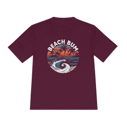 Maroon Beach Bum Unisex Moisture Wicking Tee featuring a beach bum graphic