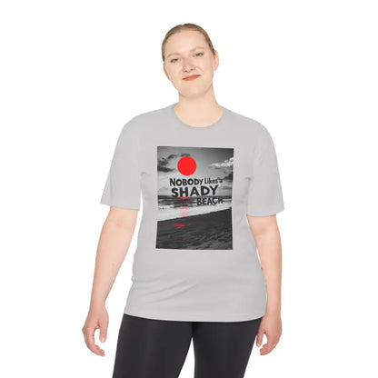 Gray Beach Graphic Moisture Wicking T-Shirt featuring vibrant seaside design