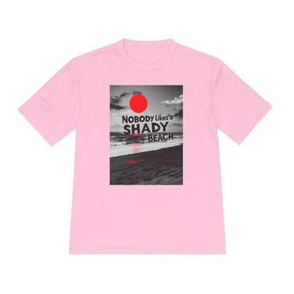 Pink Beach Graphic Moisture Wicking T-Shirt featuring vibrant beach-themed design