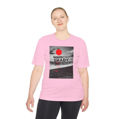 Pink Beach Graphic Moisture Wicking T Shirt ideal for summer outings and casual wear