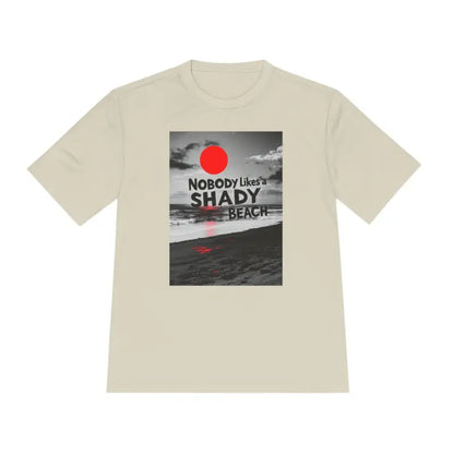 Beige Beach Graphic Moisture Wicking T-Shirt showcasing a vibrant beach design