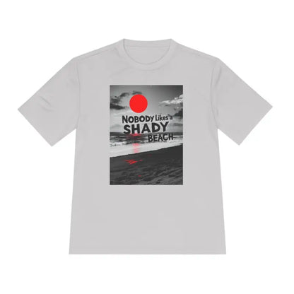 Gray t-shirt featuring a beach graphic for ultimate moisture-wicking comfort