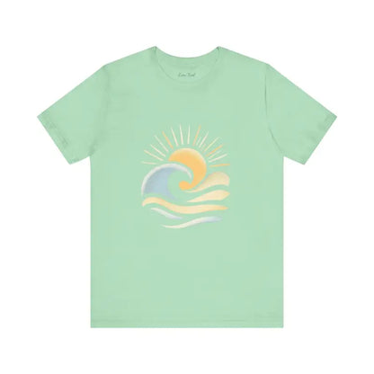 Mint green Beach Vibes Unisex Short Sleeve Tee featuring sun and wave design