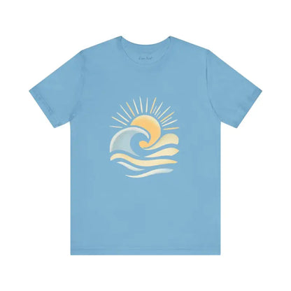 Light blue Beach Vibes Unisex Short Sleeve Tee featuring sun and wave design