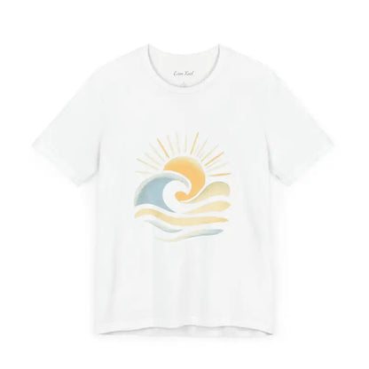 White Beach Vibes Unisex Short Sleeve Tee featuring sun and wave design